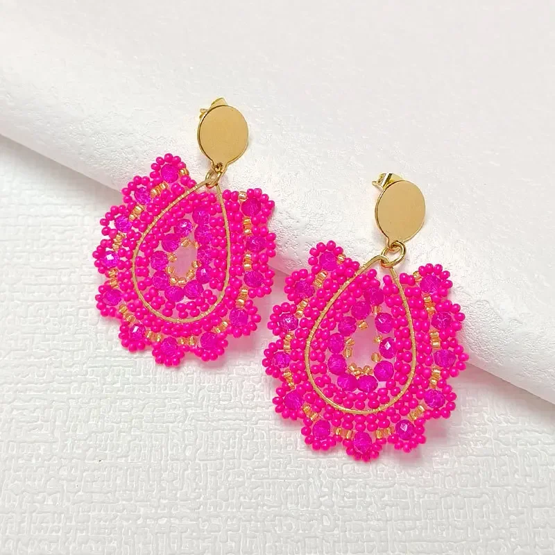 

2025 Handmade Bead Earring Water Drop Flowers Rose Red Originality Crystal Hand Knitting Bohemia Beaded Earrings for Women