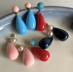 Colorful Enamel Water Drop Earrings for Women Vintage Simulated Pearl Blue Resin Big Dangle Earrings Party Wedding Jewelry Gifts