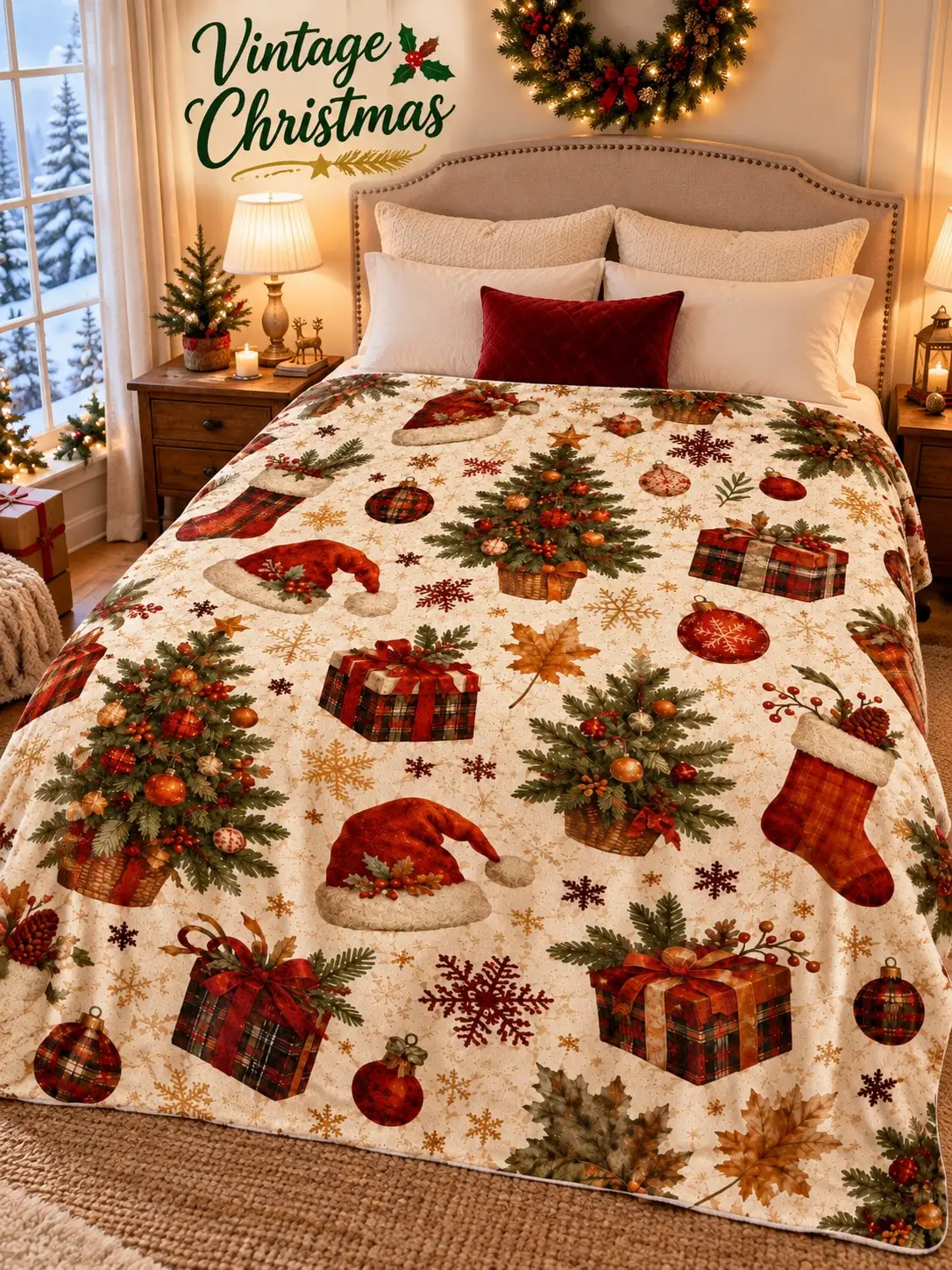 Christmas Flannel Blankets & Throws Trees Stockings Presents Bells Ornaments Illustration for Sofa Bed Couch Bedroom Living Room Reading Nook Office Lounge Camper Travel Nap Cabin Home Decor Gifts Family Friends Thanksgiving Birthday Anniversary