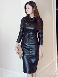 2023 Women Midi Dress Classic Elegant PU Leather Black Robe Zipper Long Sleeve Pockets Wrap Hip Clothes Office Street Vestidos