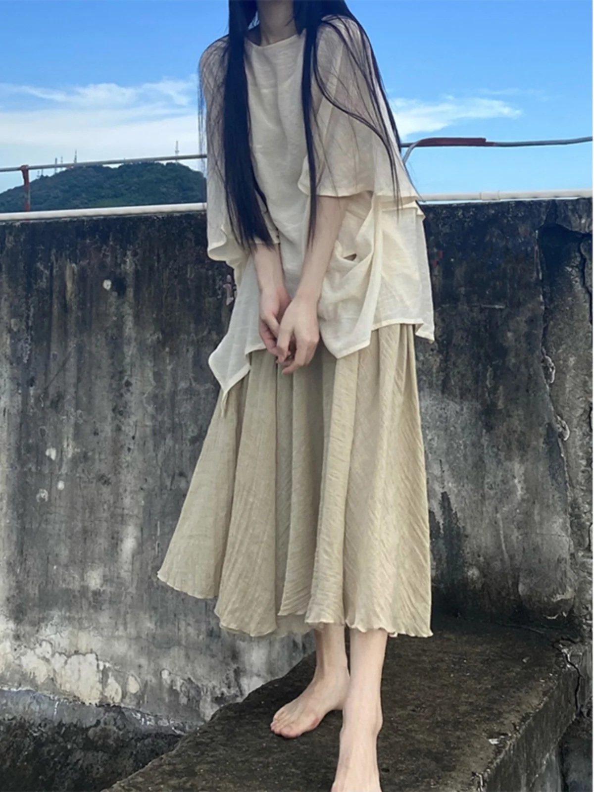 Nieuwe Chinese Sle Katoen Linnen Set vrouwen Onregelmatige ort Sve T-shirt Drifting Grote Swing f Rok Ultra Fairy Tee P...