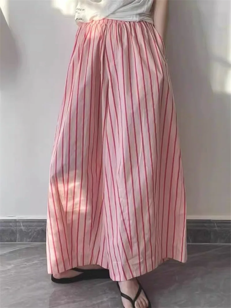 Limiguyue Runway Fashion Pink Vertical Stripe Skirt Summer Elastic Waist Pocket A-line Midi Skirts Basics Loose Women Skirt F495