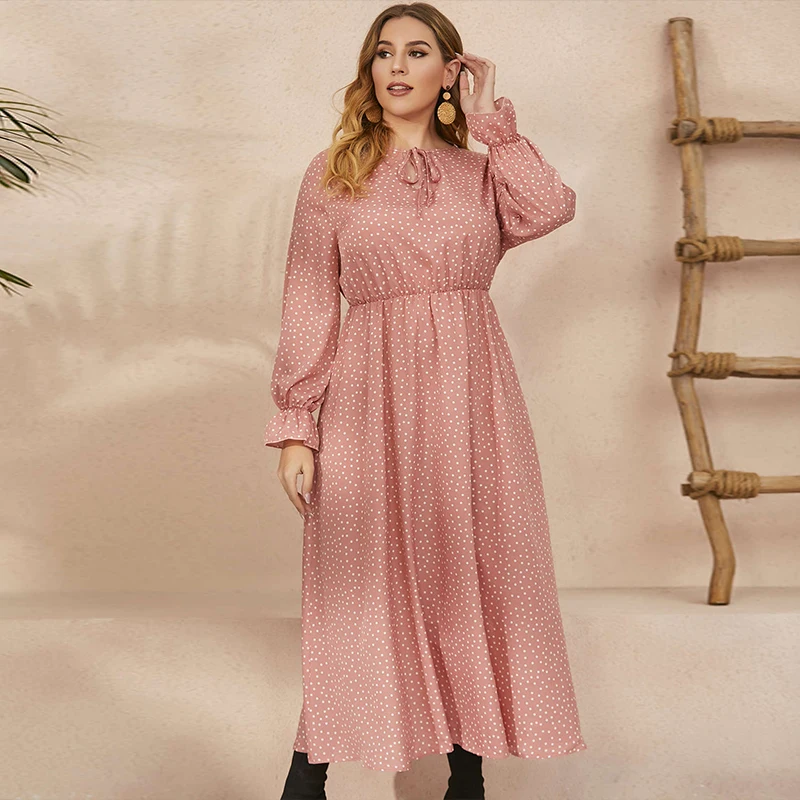 3XL 4XL Plus Size Women Clothing Elegant Long Sleeves Polka Point Female Maxi Dress Casual Travel Vacation Chiffon Dress