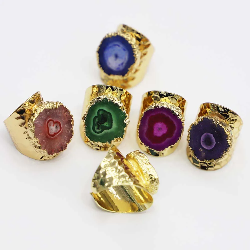 

Fashion Multicolor Raw Stones Sunflower Agates Rings Druzy Quartz Adjustable Women Irregualr Gold Color Open Finger Jewelry 4Pcs