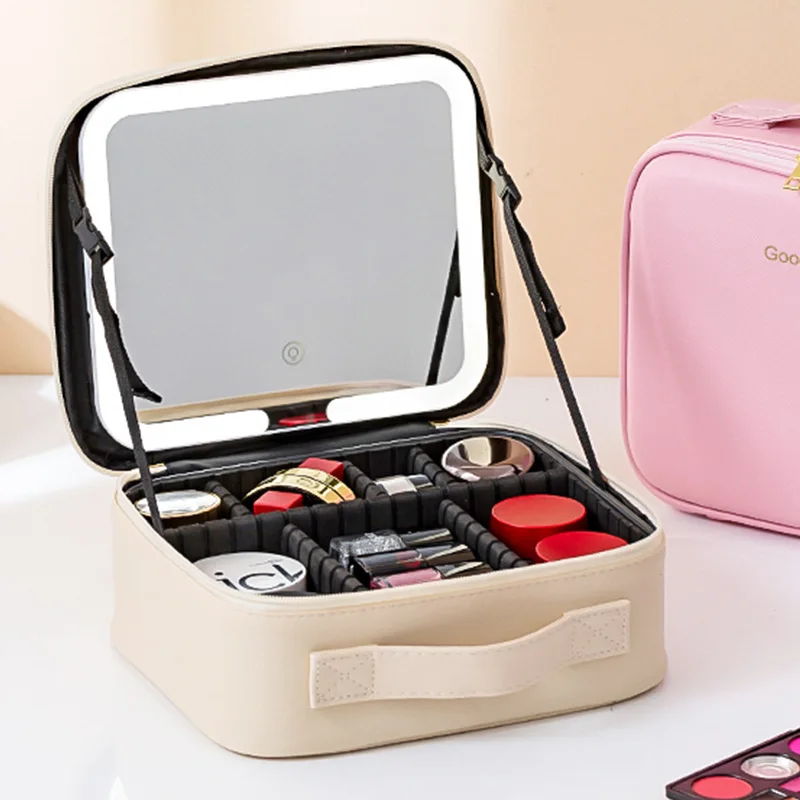 Travel Bags Box Led Light Large Capacity Makeup Case Storage Bag Waterproof PU Cosmetic Case with Led Lights and Mirror