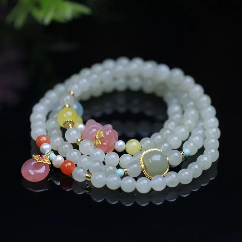

Natural Hetian Jade Bracelet with Yanyuan Agate Safety Buckle Bear Charms Elegant Unisex Style Gifts