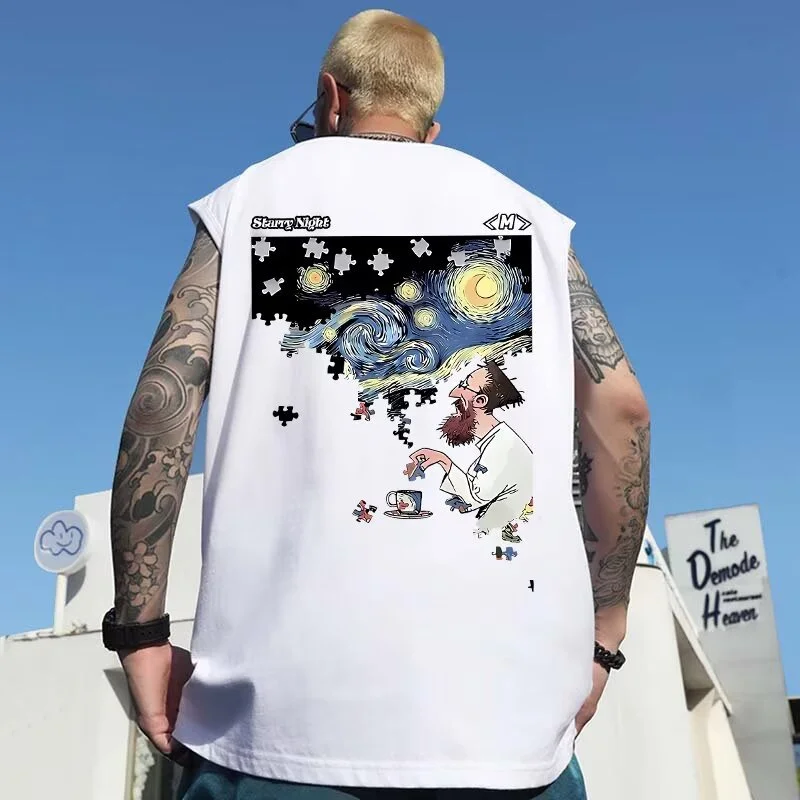 Summer Men's Starry Night Puzzle Printed Tank Tops Hip Hop Fashion Sleeveless Tee Shirts Harajuku Streetwear Vest Y2K Clothes