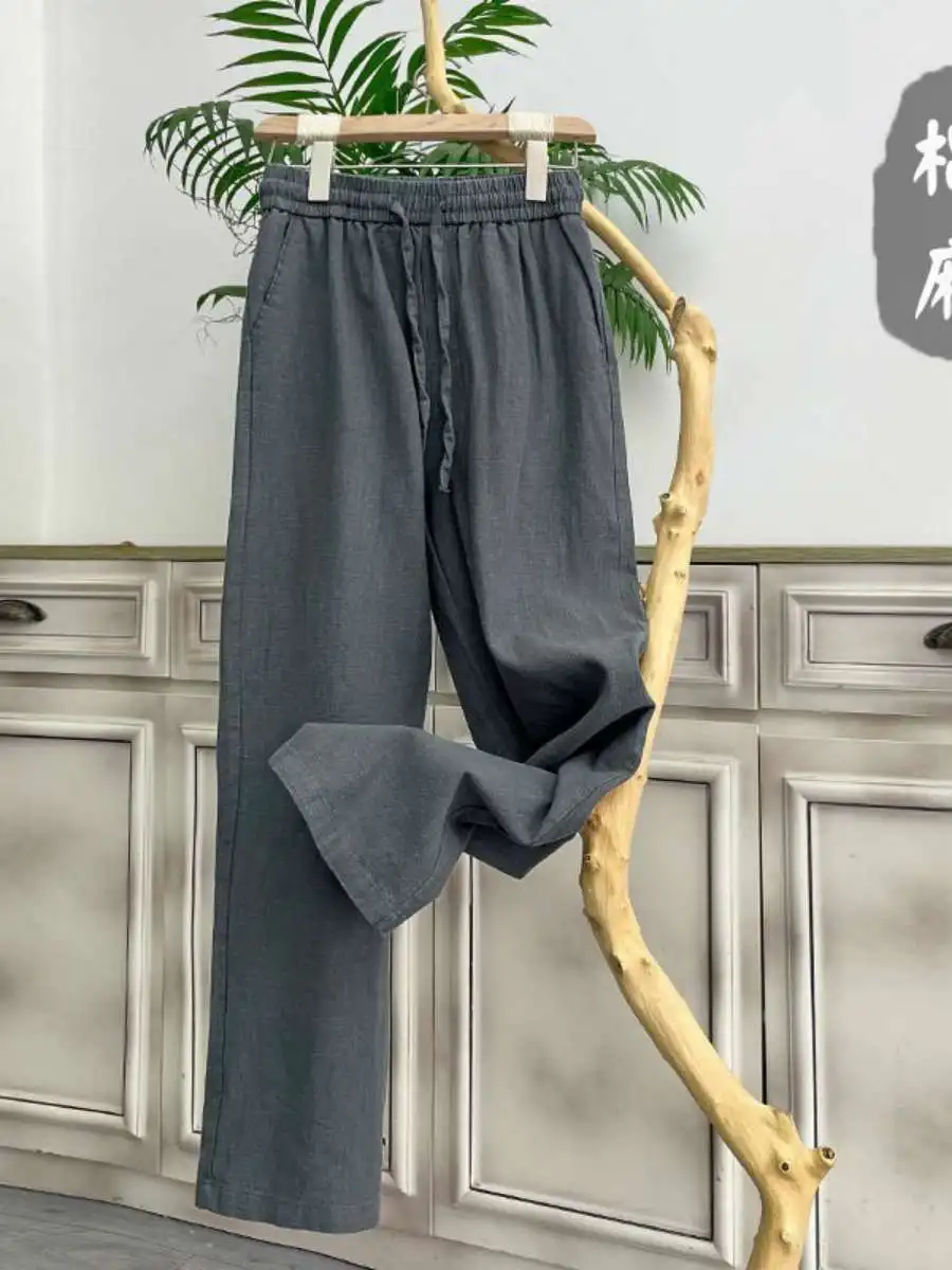 

Men's Cotton Linen Sports Pants Straight Leg Long Casual Loose Comfortable Breathable Summer Leisure Trousers High Waist