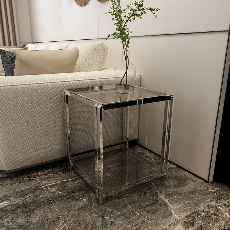 Square side table, glass corner table, light luxury bedside table, transparent living room, simple modern small coffee table