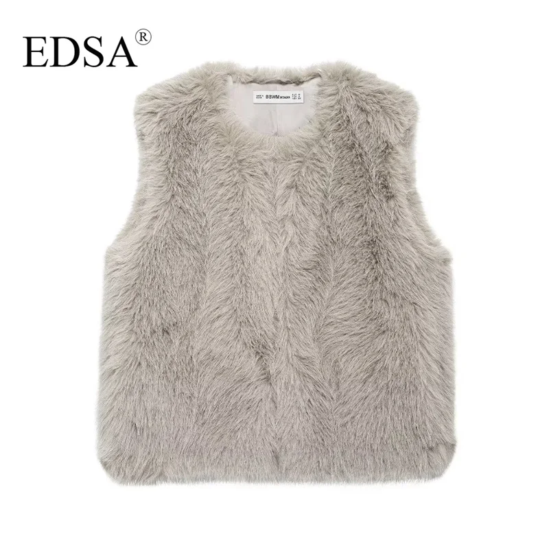 EDSA Woman Cropped Winter Faux Fur Gray Vest Autumn Cardigan Sleeveless Coats Fluffy Warm Open Stitch Waistcoat