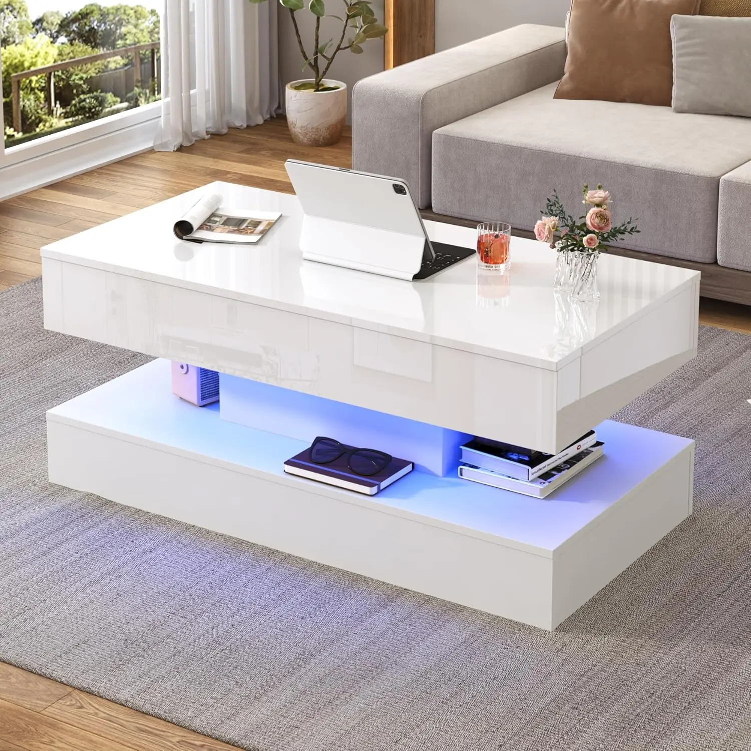 طاولة قهوة كبيرة مقاس 39.4 بوصة، طاولات قهوة حديثة عالية اللمعان LED لغرفة المعيشة مع مساحة تخزين، طاولات غرفة المعيشة باللون الأسود لـ