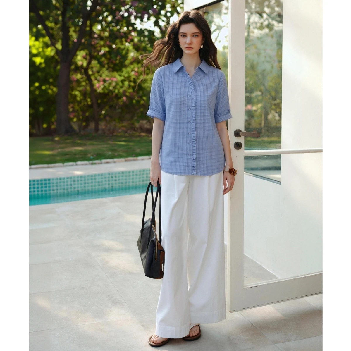 OLrain Blue Women's Casual Plaid Shirt 2026 Summer Ruffle Trim Spliced Commuter Versatile Loose Short Sleeve Blouse O58XC005828 view 5