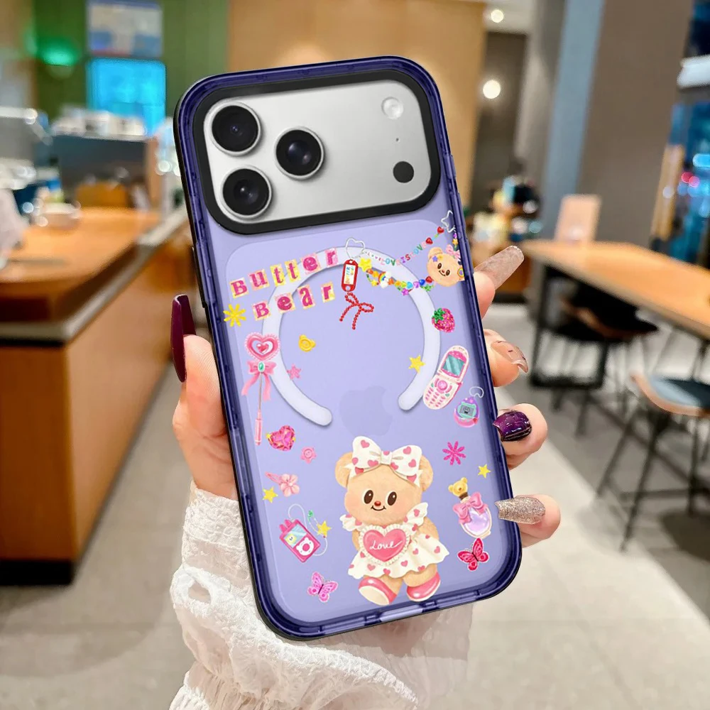 

Cartoon Bow Dress Bear Purple Border Magnetic Cover for IPhone 12 13 14 15 16 17 Pro Max Case for IPhone Air