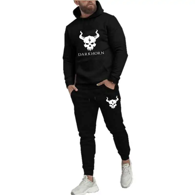 Autumn Men Black White Print Casual 2PC Sets Personality Trend Sweatshirt Street Fashion Sports Suit Hoodie Top Slim pant Spring