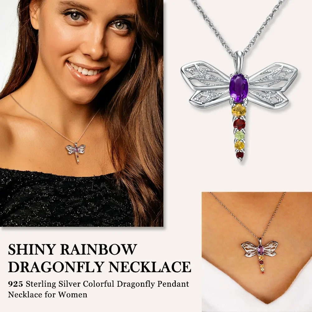 GZ ZONGFA Natural Amethyst 925 Sterling Silver Dragonfly Pendant Necklace Colorful Gems Citrine Insect Neck Chain for Women