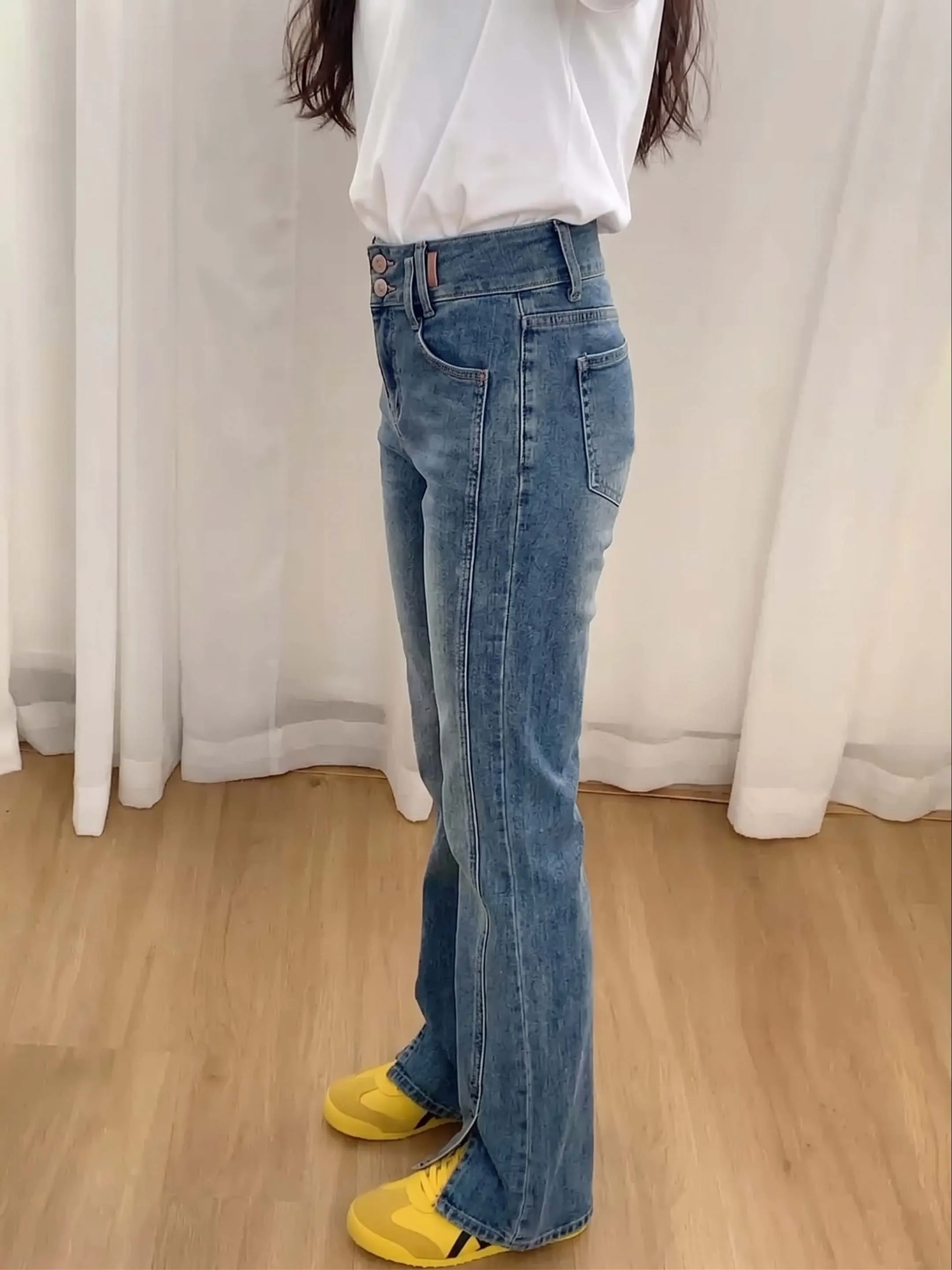 High Waist Wide Leg Jeans Women's Summer Slim Fit Floor Length Pants Side Slit Design Vintage Long Trousers Cotton Denim