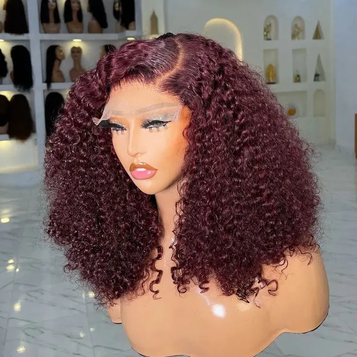 

Wholesale 99J Burgundy Double Pull Kink Curly Bob 5x5 13x4 Transparent Lace Front Brazilian Virgin Hair Human Hair Wig