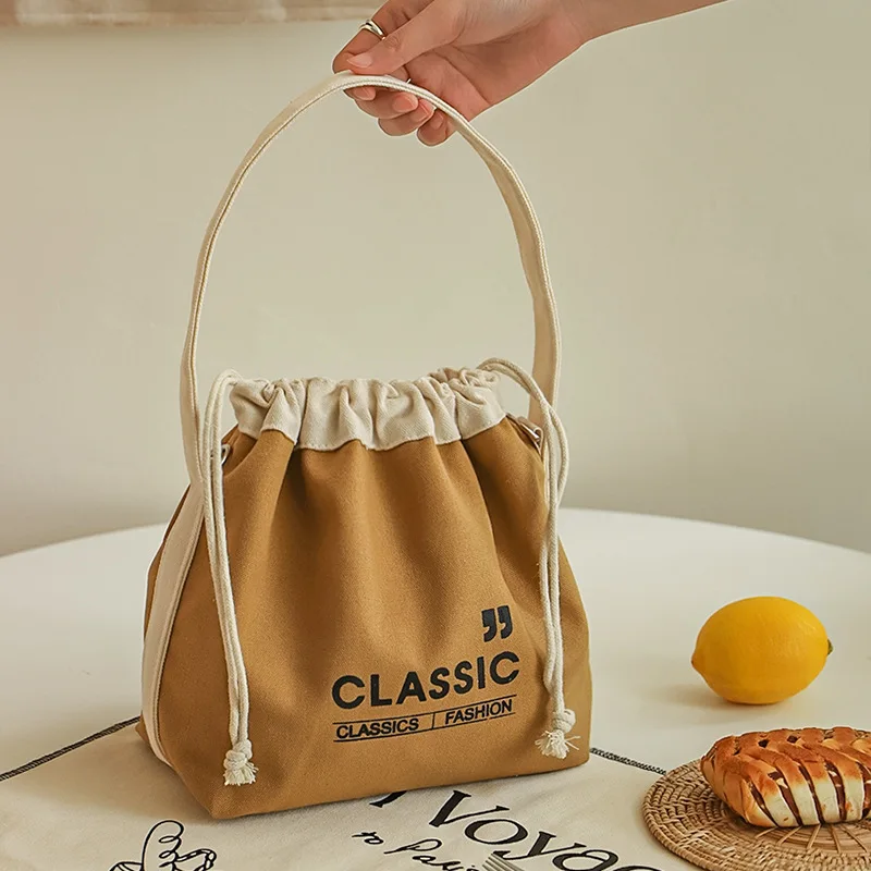

Drawstring Canvas Insulated Lunch Bag Thicken Food Storage Thermal Bento Box Tote Cooler Handbags for Outdoor Picnic