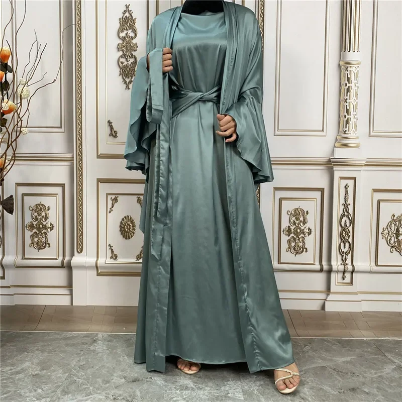 2 Piece Satin Kimono Matching Muslim Set Ramadan Abayas for Women Dubai Turkey Inner Hijab Dress African Islamic Clothing Robes