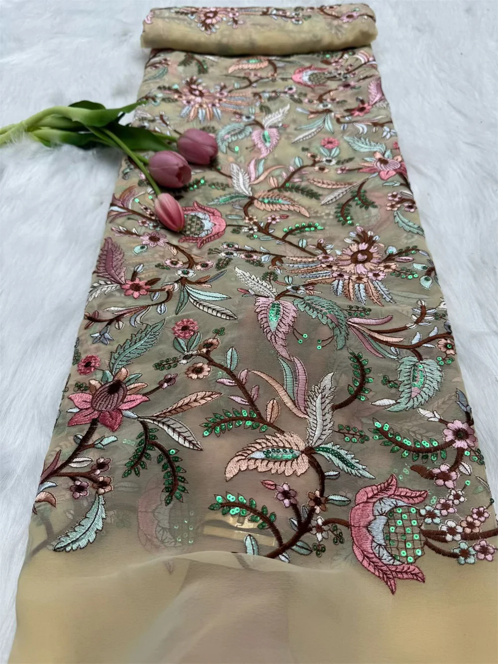 

5 ярдов Элегантная французская кружевная ткань Золотой шифон с блестками и вышивкой Свадебная ткань Новейшее качество 2025 года кружево для свадебных платьев H44-1