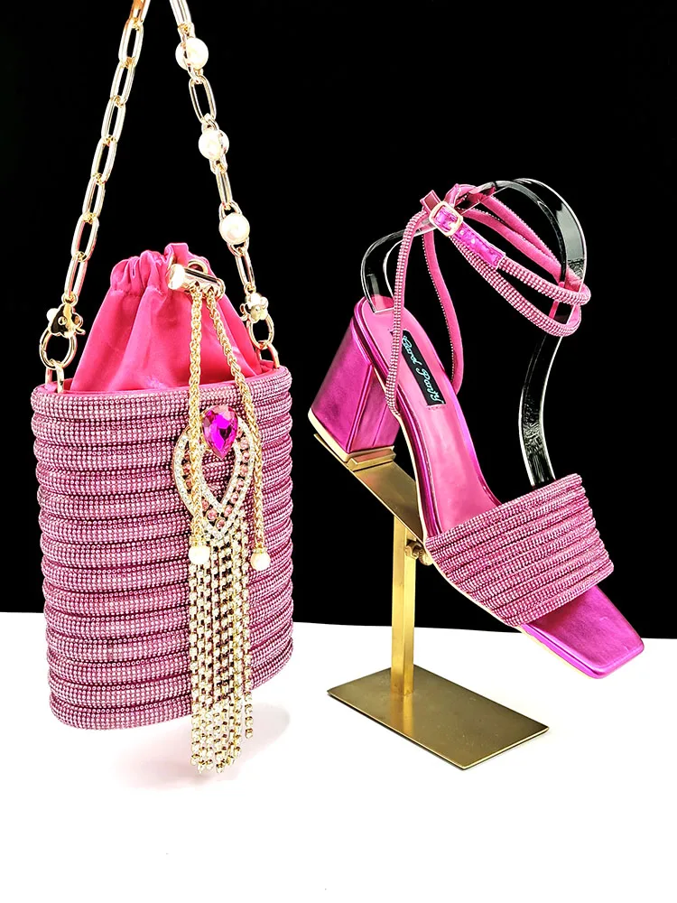 Hot Selling Ladies Sandals and Bag Crown Diamond Design And Long And Short Double Chains Bag for Party Wedding view 3