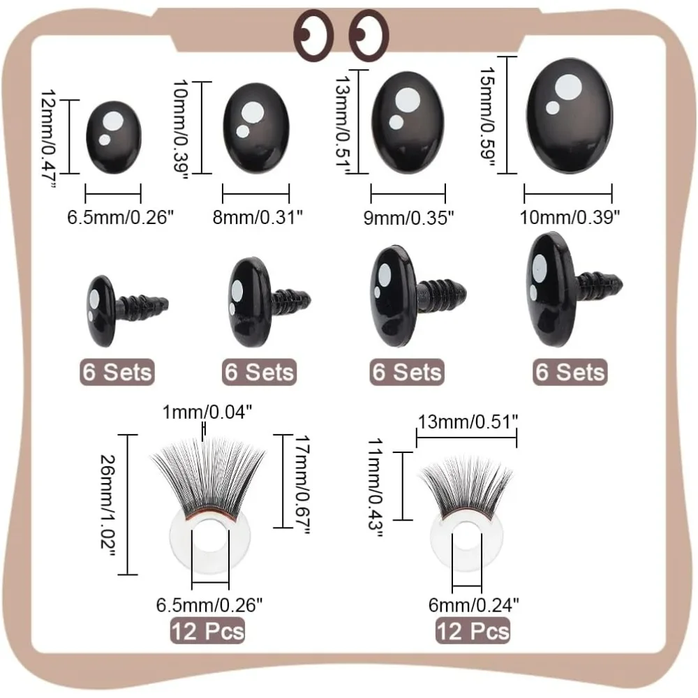 24 Sets Craft Eyes Oval Safety Eyes with Eyelashes 4 Sizes Amigurumi Eye Stuffed Animal Craft Crochet Eye with Washers