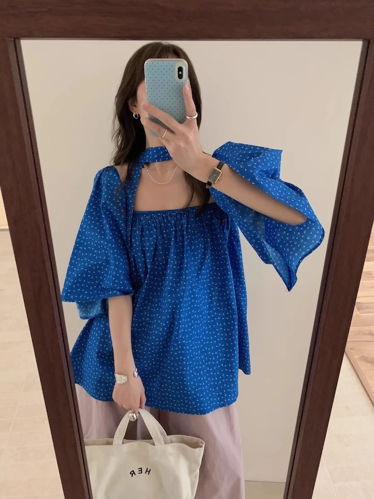 Rétro imprimé fleuri une épaule cloche Sve irt femmes ample ort Sve haut doux Sle coton été nouveauté