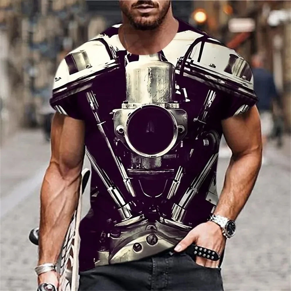 Retro T-Shirts for Men 3D Car Engine Print Men\'s Clothing Street Designer Short Sleeved Loose Oversized T-Shirt Graphic Tees Y2k