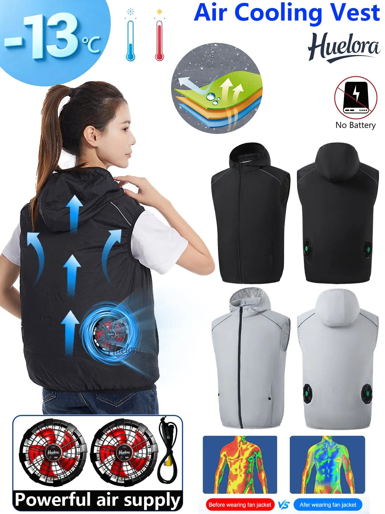 Women Hooded Solid Air Cooling Vest Dual Fans USB Summer Casual Work Sleeveless Waistcoat