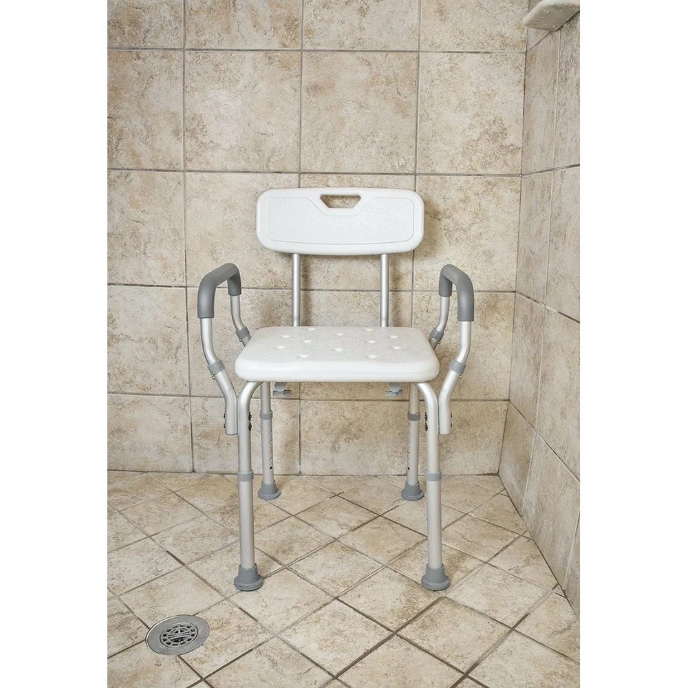 เก้าอี้อาบน้ำปรับระดับความสูงได้ พร้อมที่วางแขนบุนุ่ม พนักพิงโค้งตามรูปร่าง ที่นั่งมีพื้นผิว โครงอะลูมิเนียมแข็งแรง อุปกรณ์ช่วยพยุงตัวในห้องน้ำ