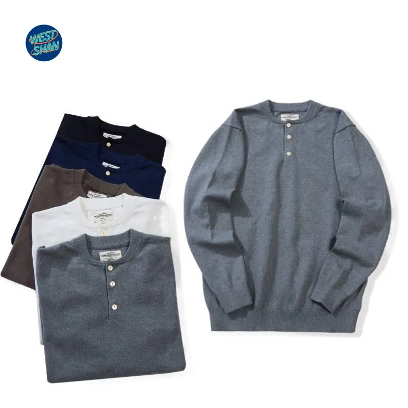 

WESTSHAN EU US Size High Quality Solid Color Pullover Knitted Sweater Button Closure Casual Oversize Long Sleeve Tee