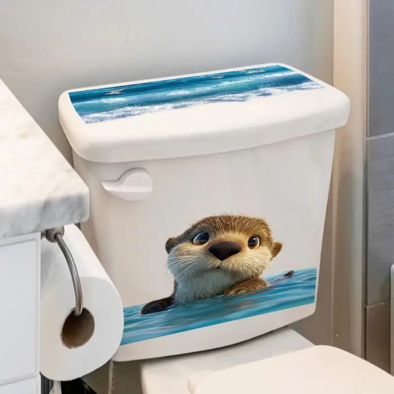 Cute Sea Otter Ocean Wave Toilet Lid Tank Self Adhesive Removable Sticker Waterproof Bathroom Decor Decal
