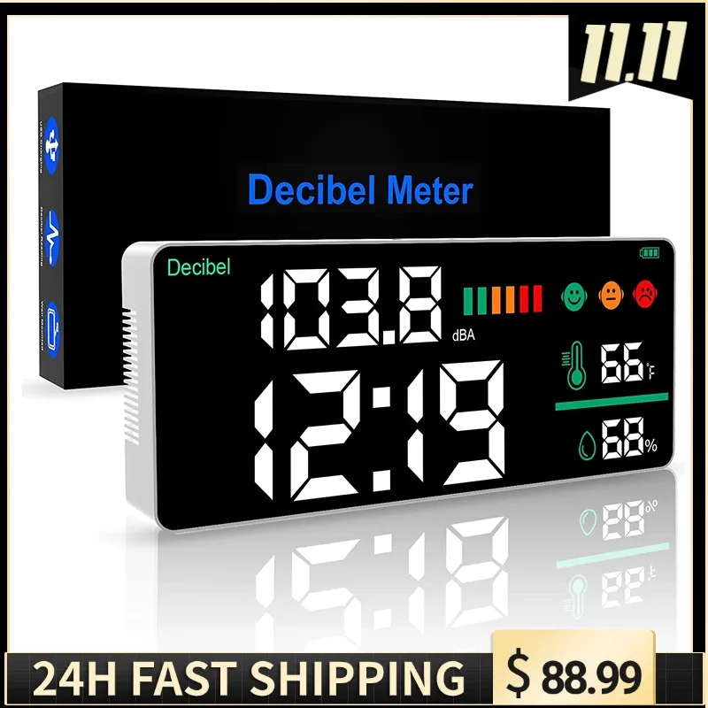 

Decibel Meter Monitor Sound Level DB with LCD Display, Wall Mounted Clock Test Noise Volume Measure Humidity Temperature