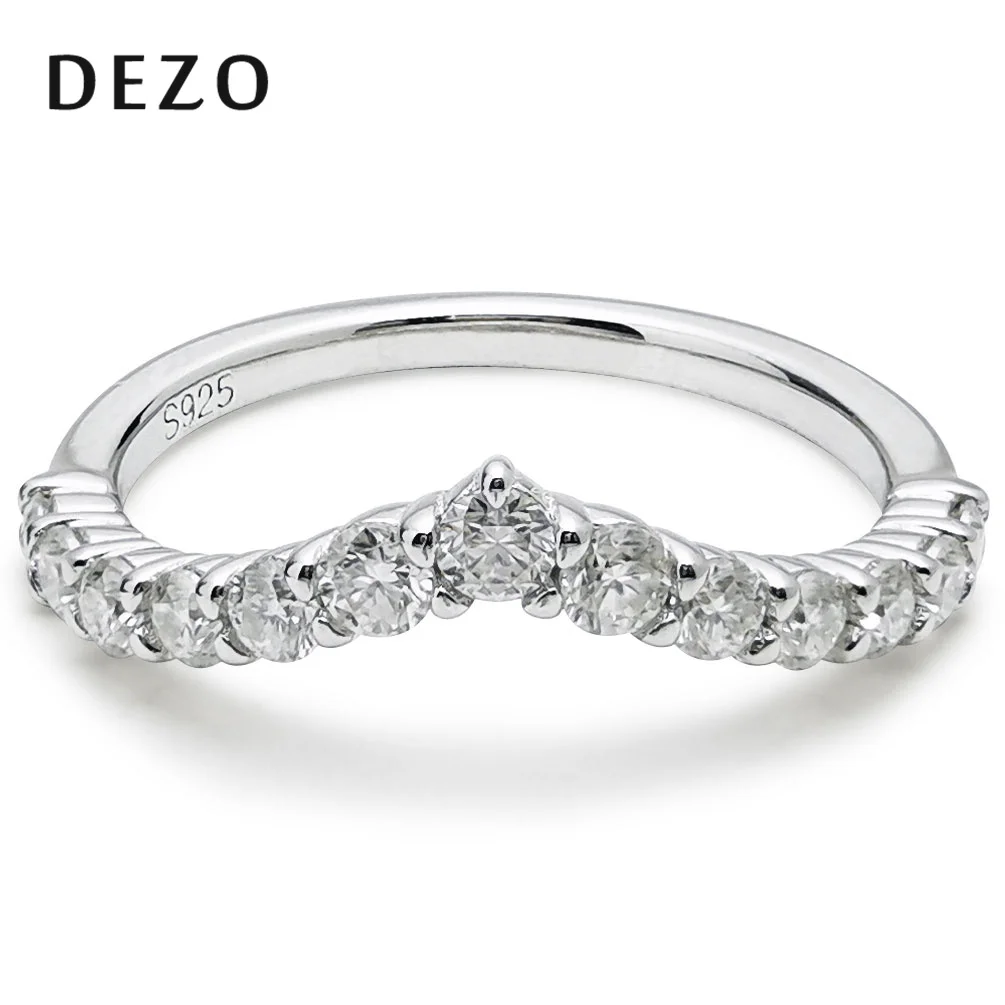 

DEZO Moissanite Wedding Band Solid 925 Sterling Silver V Curved Half Eternity Band Rings For Women Fashion Stacking