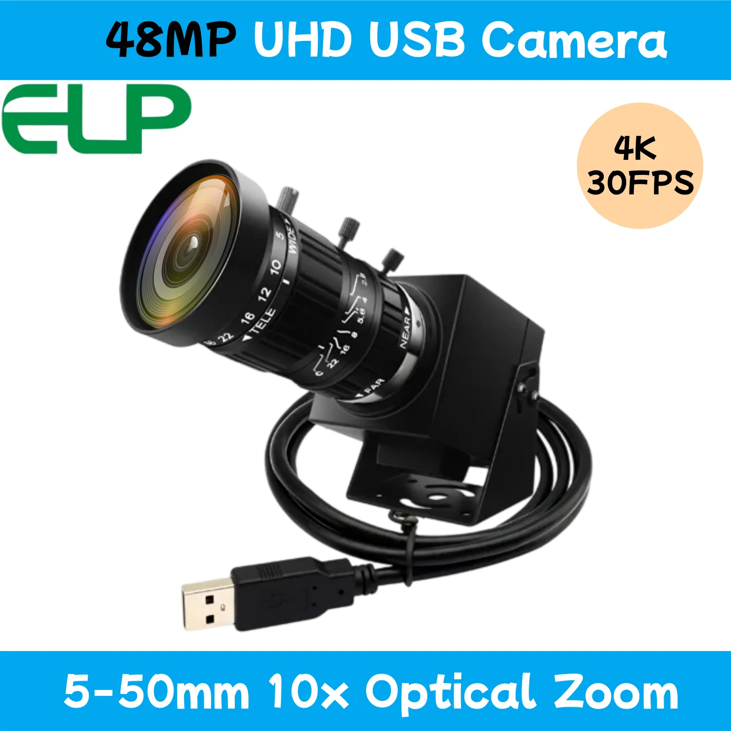 ELP USB Industrial Camera,IMX586 CMOS 48MP 8K UHD 4K@30FPS,5-50mm 10X Varifocal Zoom Lens UVC Plug&Play for PC Laptop RPi