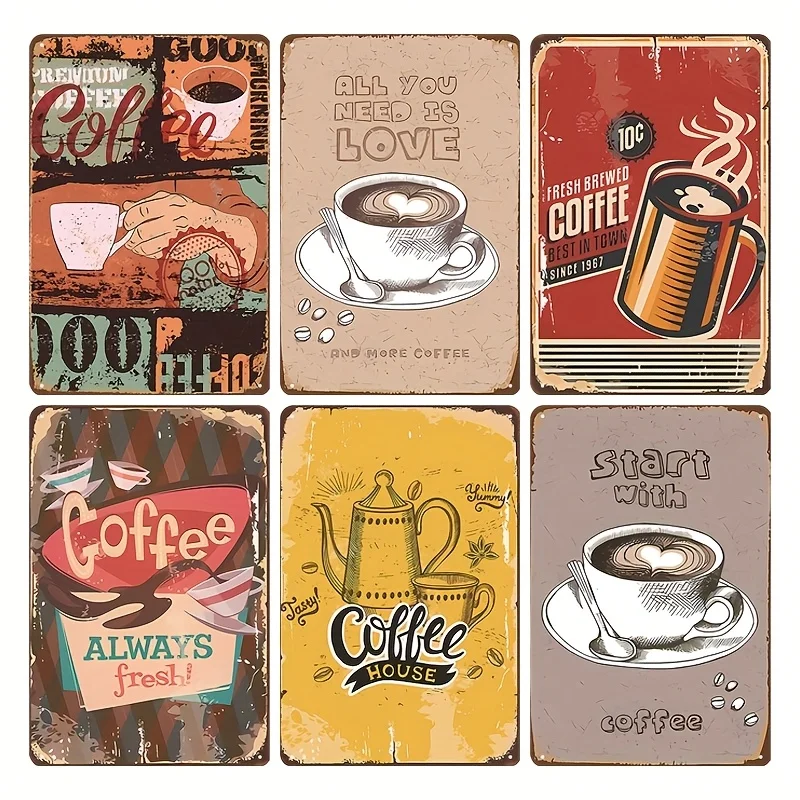 2D Flat, 6pcs Vintage Coffee Metal Tin Sign Set, Classic Nostalgic Cafe Wall Decor, Size 30.48X20.32 cm, English Text, Multi-Fun