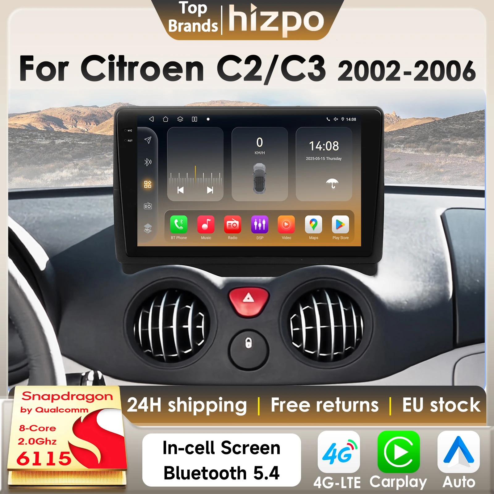 Hizpo 8Core 2Din Android 14 Autoradio Per Citroen C2 2002-2006 Citroen C3 Auto Multimedia GPS 4G Carplay 360Cam di Snapdragon6115