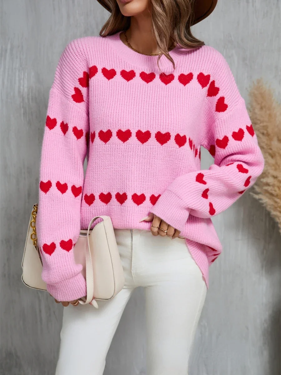 Bornladies Love Fashion Pullover Sweter Jesień Zima Gruby Ciepły Damski O-Neck Nadruk Oversized Casual Sweter z dzianiny