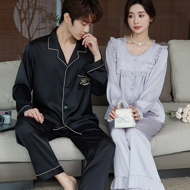

Two Piece Ice Silk Couple Pajamas Men Women Long Sleeve Pants Set High Quality Nightgown Sleepwear