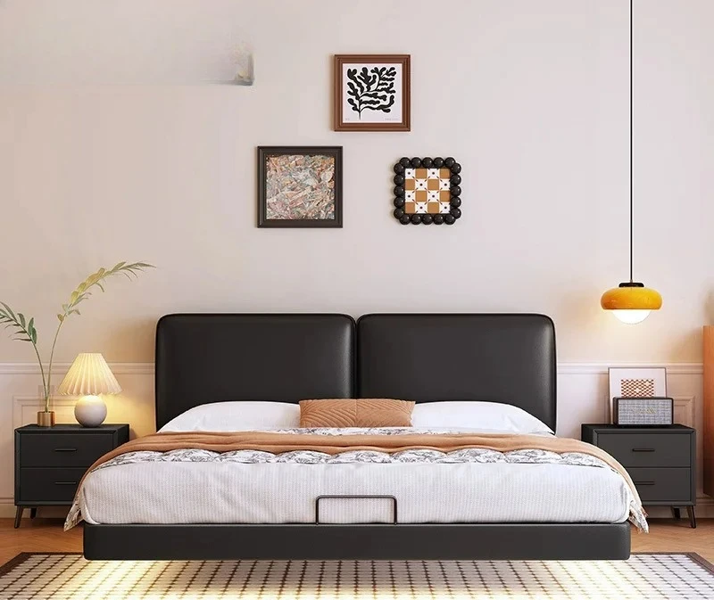 

Современная простая подвесная кожаная кровать для спальни, элитная, с мягкой обивкой из черной кожи, двуспальная кровать для спальни, модель B