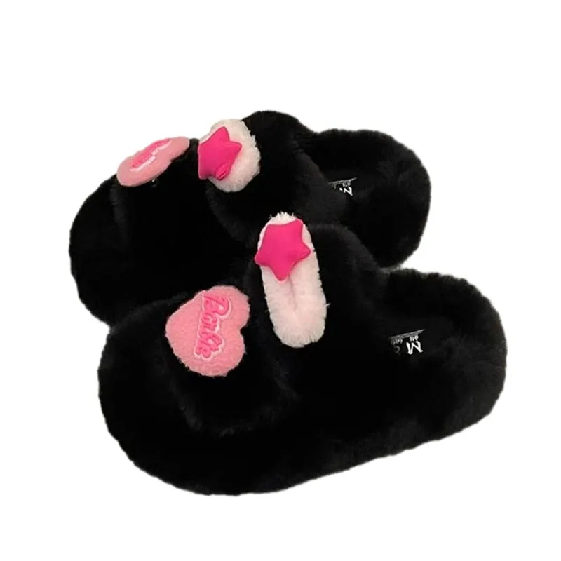 Cartoon Fashion Barbie Autumn and Winter Thick-Soled Fur Slippers for Girls, Cute and Versatile Hot Girl Lamb Wool Flip-Flops