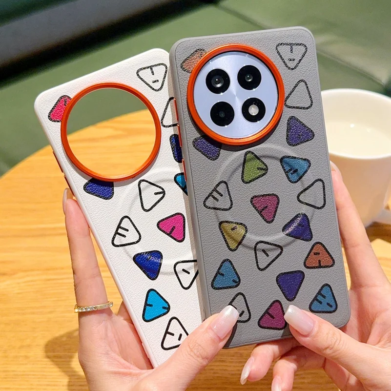 

Personalized Color Triangle Plain Leather Built-in Magnetic Case For OnePlus 13T 13R OnePlus13 Camera Protection Cover