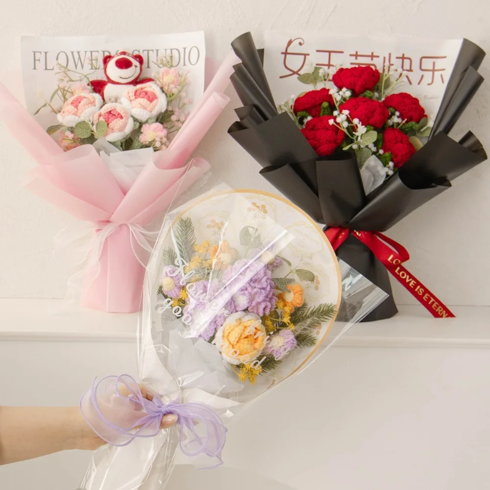 Afgewerkte gebreide bloemen Zonnebloemen Gehaakt boeket Creatieve gebreide bloemen Valentijn Moederdag Verjaardag Afstudeercadeaus