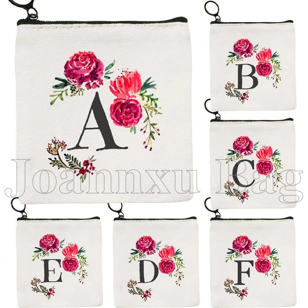 

Холщовая сумка-кошелек с акварельным цветочным монограммным принтом красных роз и инициалами, чехол для ключей, маленькая сумочка-кошелек, монетница