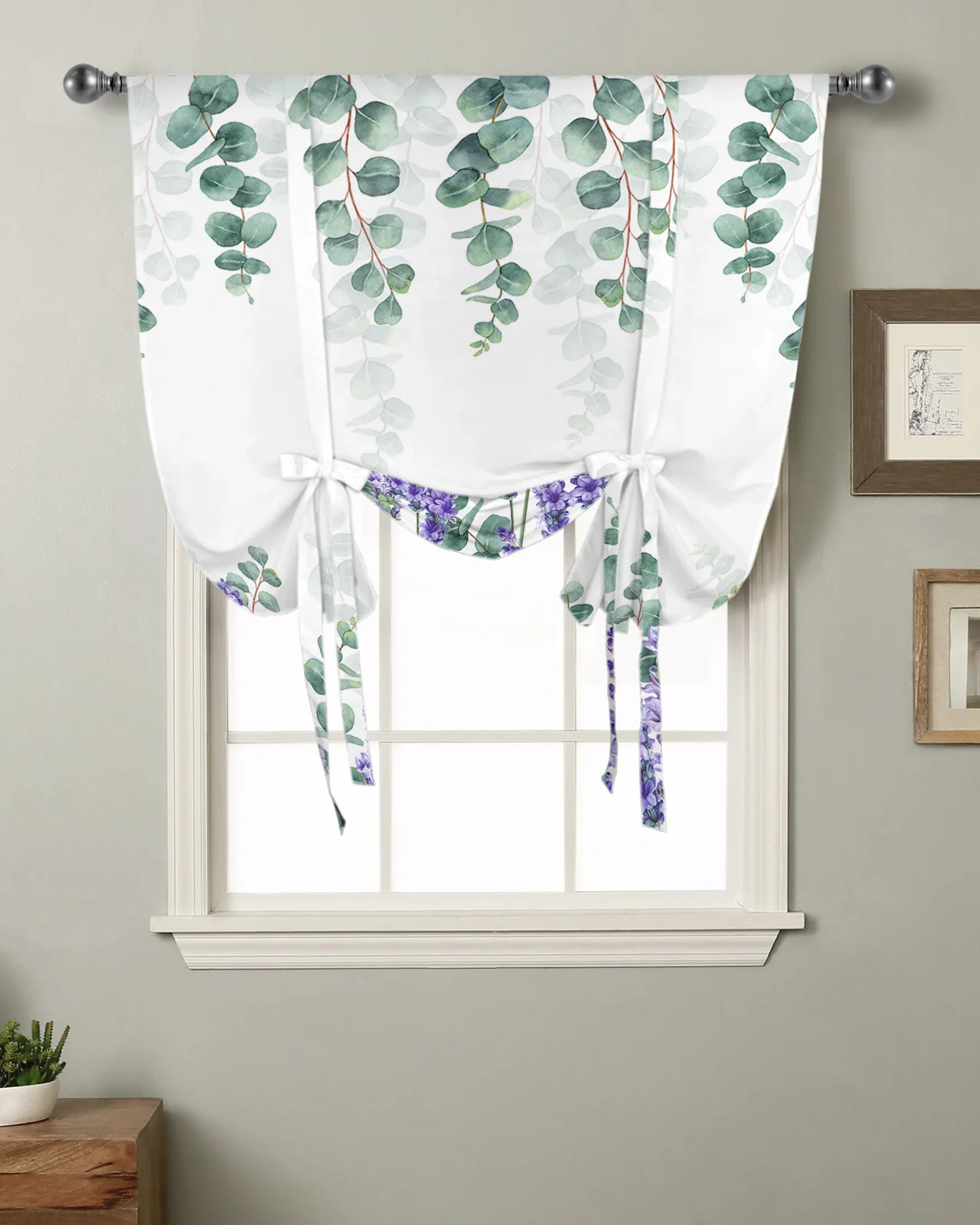 

Eucalyptus Leaves Lavender Flower Plant Kitchen Short Window Curtain Modern Home Decor Small Window Roman Tie Up Curtains