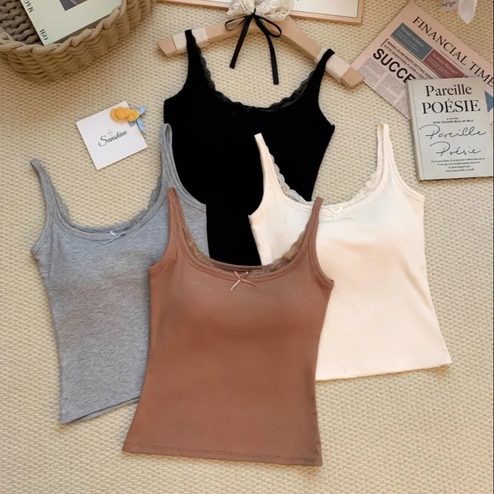Early Autumn Sweet Style Flocking Lace Trim Warm Strap Vest Women's Slimming Integrated Chest Pad Casual Cotton Blend U-Neck