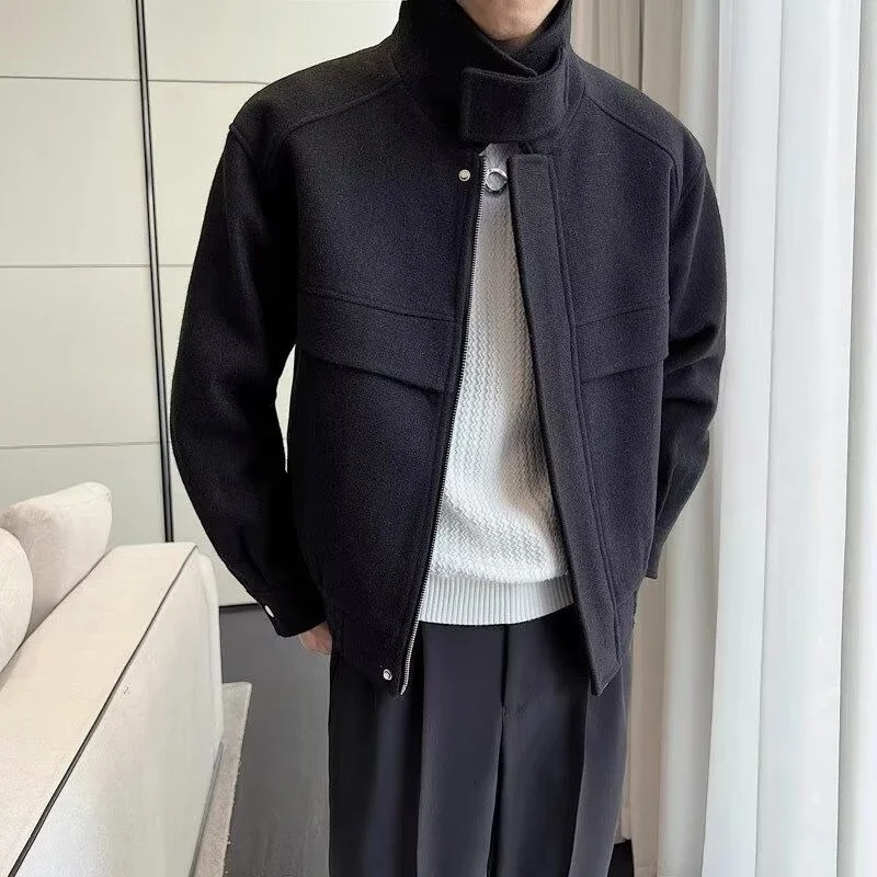

​ Высококачественная мужская шерстяная куртка, осенне-зимнее модное короткое пальто с воротником с лацканами, корейская уличная модная верхняя одежда ​