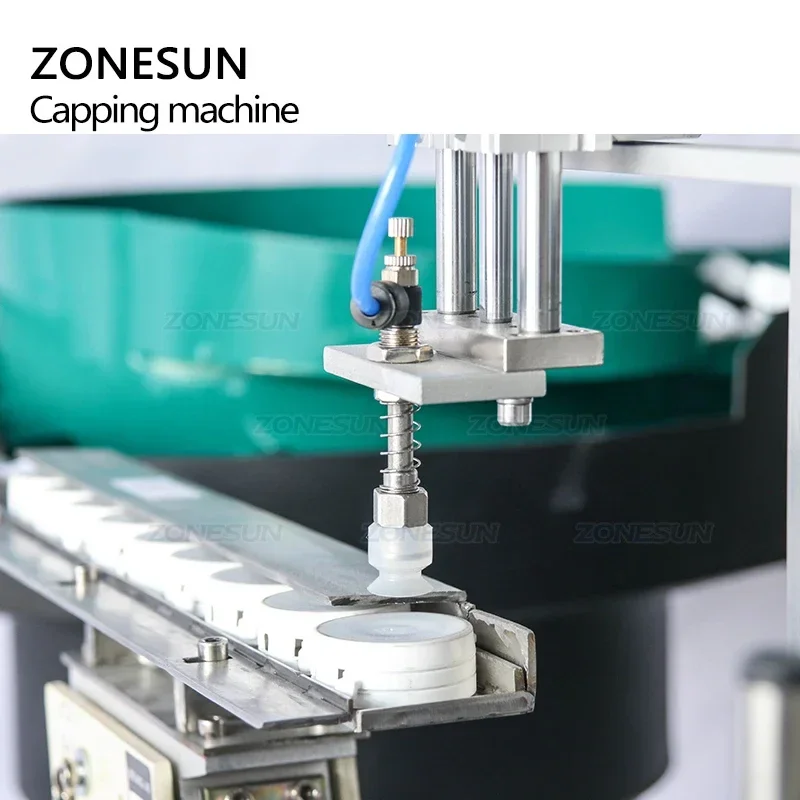 ZONESUN Automatic Plastic Tear-Band Tamper Evident Candy Chewing Gum Bottle Desktop Cap Pressing Machine With Vibratory Feeder