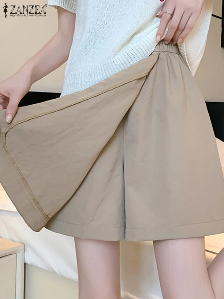 ZANZEA Sommer-Shorts mit weitem Bein, 2025, Damen-Hosen, elastische Taille, Pantalons, modische Taschen, lässig, einfarbig, Shorts, Röcke, Übergröße