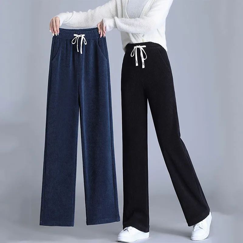 

Korean New Wide Leg Pants Women Spring Autumn Elastic High Waist Solid Pockets Drawstring Casual Loose Straight Trousers 2023